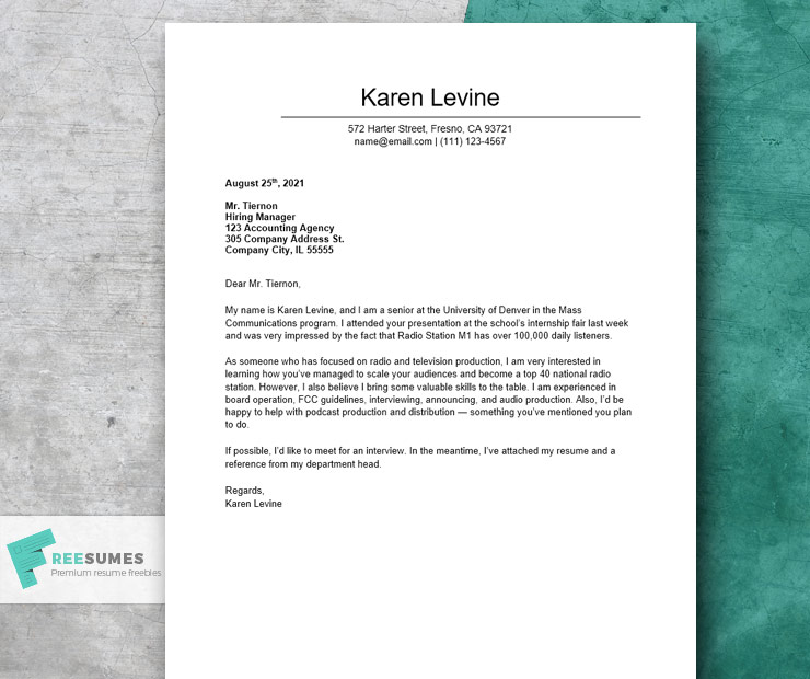 short cover letter example for an internship