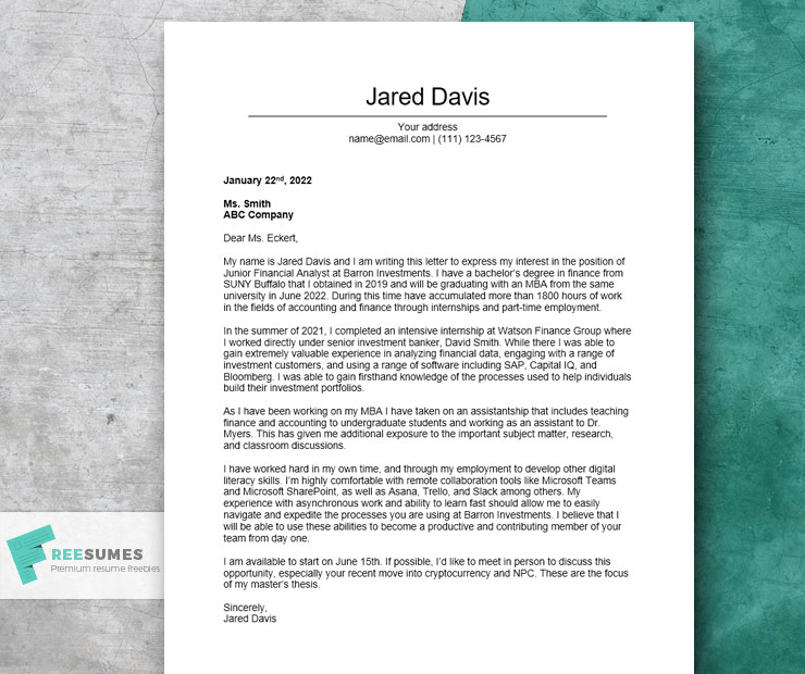 sample cover letter financial analyst