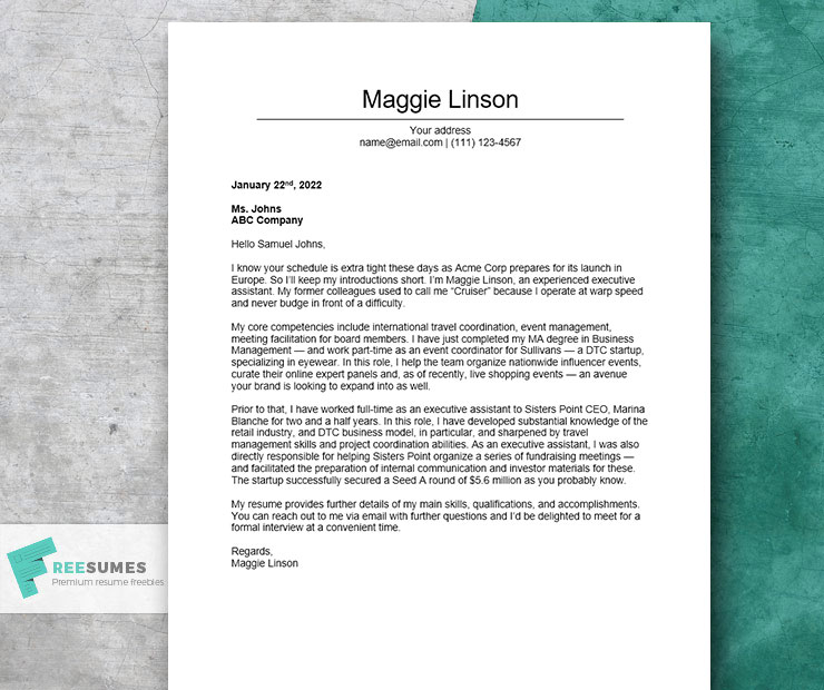executive assistant application cover letter example