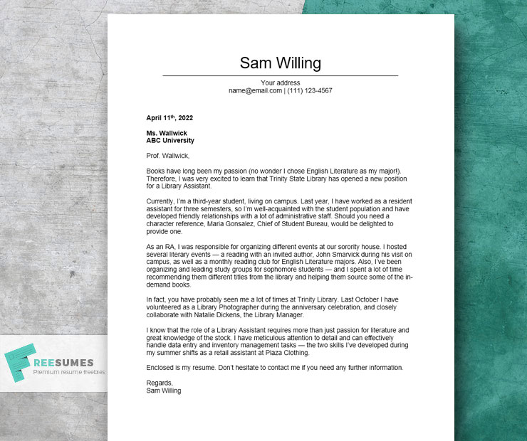 cover letter example for library assistant