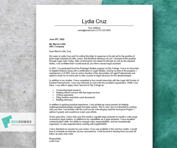 sample cover letters for legal assistant