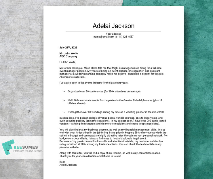 great event planner cover letter