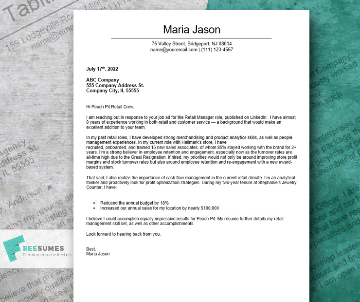 retail management cover letter with experience