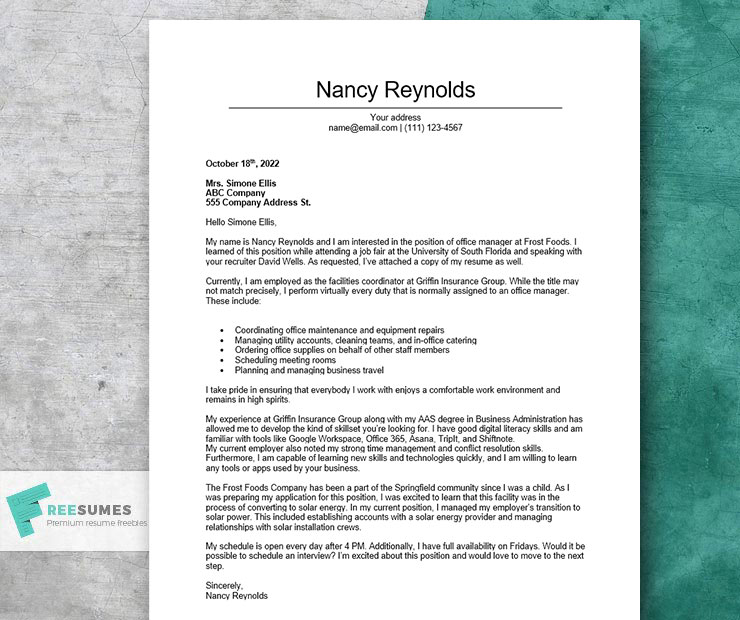 Sample cover letter for an office manager