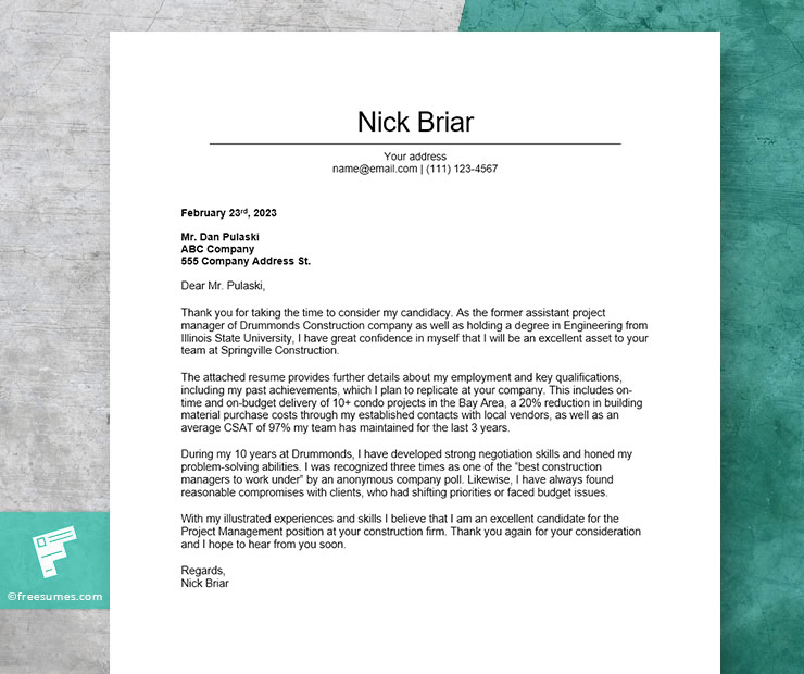 sample cover letter for construction project manager