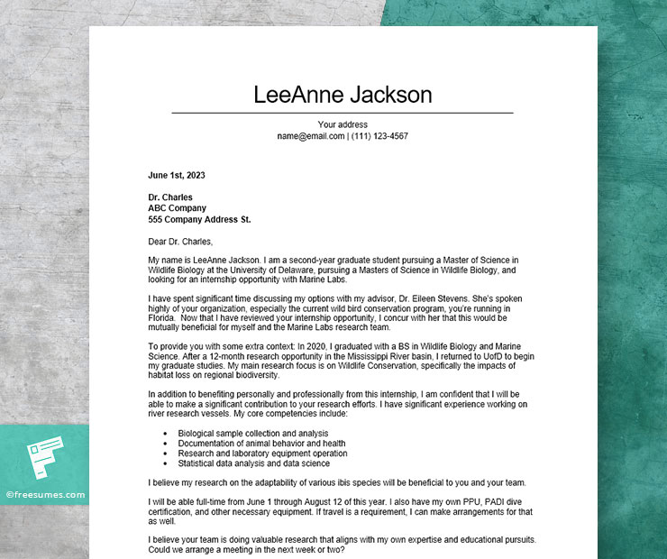 cover letter example for research internship