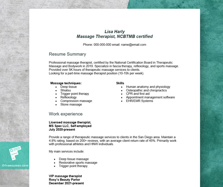 Massage Therapist Resume Example and Tips - Freesumes